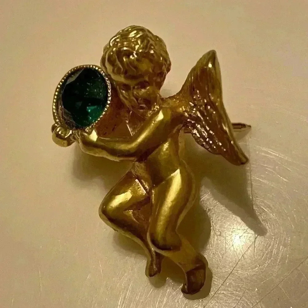 AVON Angel With Greenn Faux‎ Jewel Lapel Pin Gold Color Metal